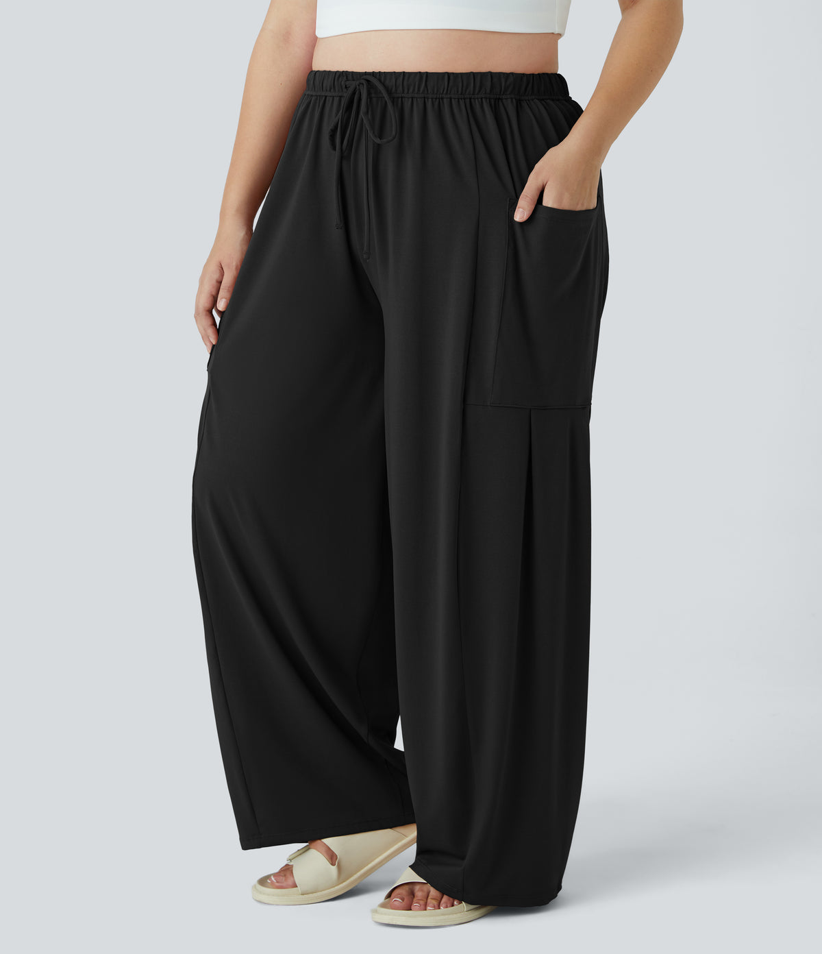 Mid Rise Elastic Waistband Drawstring Side Pocket Palazzo Flowy Wide Leg Casual Plus Size Trousers — Black — view 6