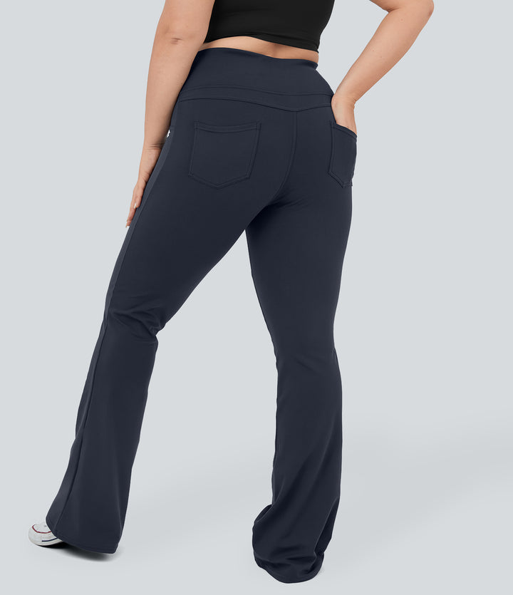 High Waisted Pocket Flare Yoga Plus Size Leggings — Midnight Blue — view 9