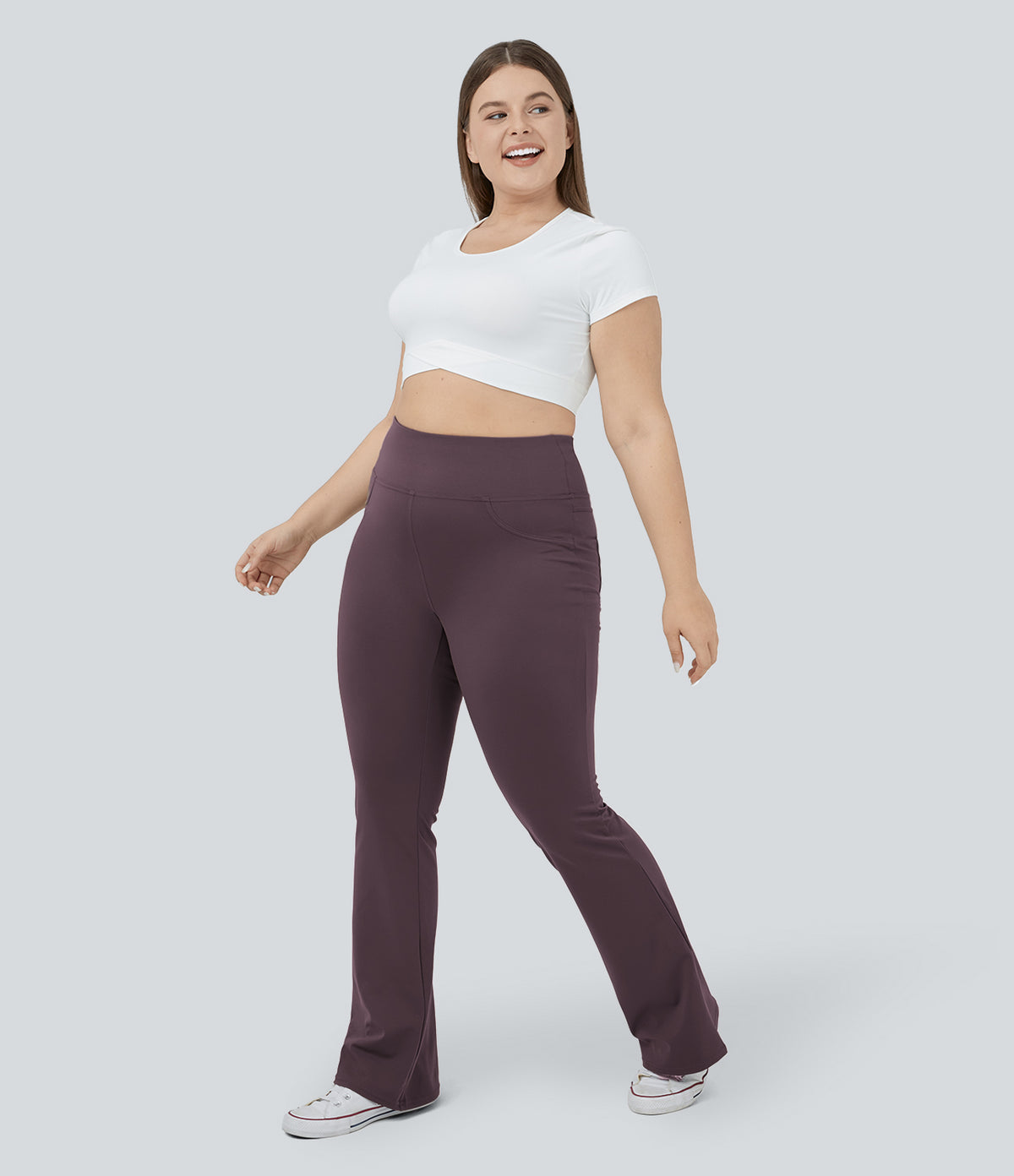 High Waisted Pocket Flare Yoga Plus Size Leggings — Dusky Evening purple — view 6