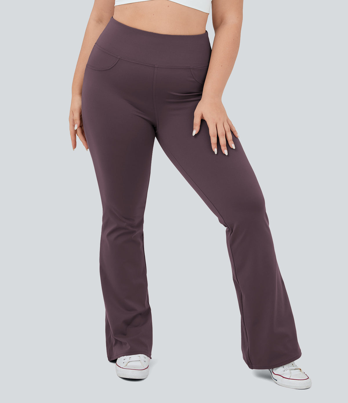 High Waisted Pocket Flare Yoga Plus Size Leggings — Dusky Evening purple — view 3