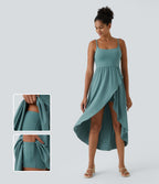 Backless High Low 2-Piece Side Pocket Flowy Midi Quick Dry Casual Dress — Stone Blue — view 1
