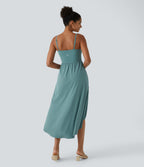 Backless High Low 2-Piece Side Pocket Flowy Midi Quick Dry Casual Dress — Stone Blue — view 2