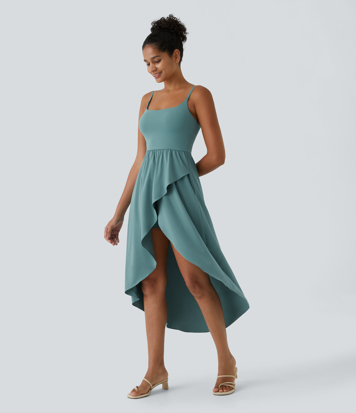 Backless High Low 2-Piece Side Pocket Flowy Midi Quick Dry Casual Dress — Stone Blue — view 3