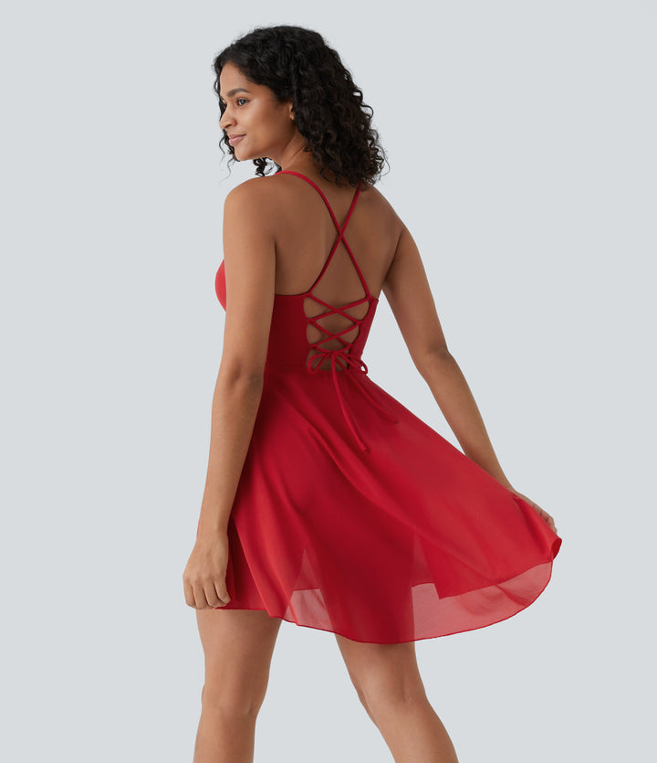 Lace Up 2-in-1 Pocket High Low Contrast Mesh Flowy Mini Dance Active Dress A-D Cups — Samba — view 1