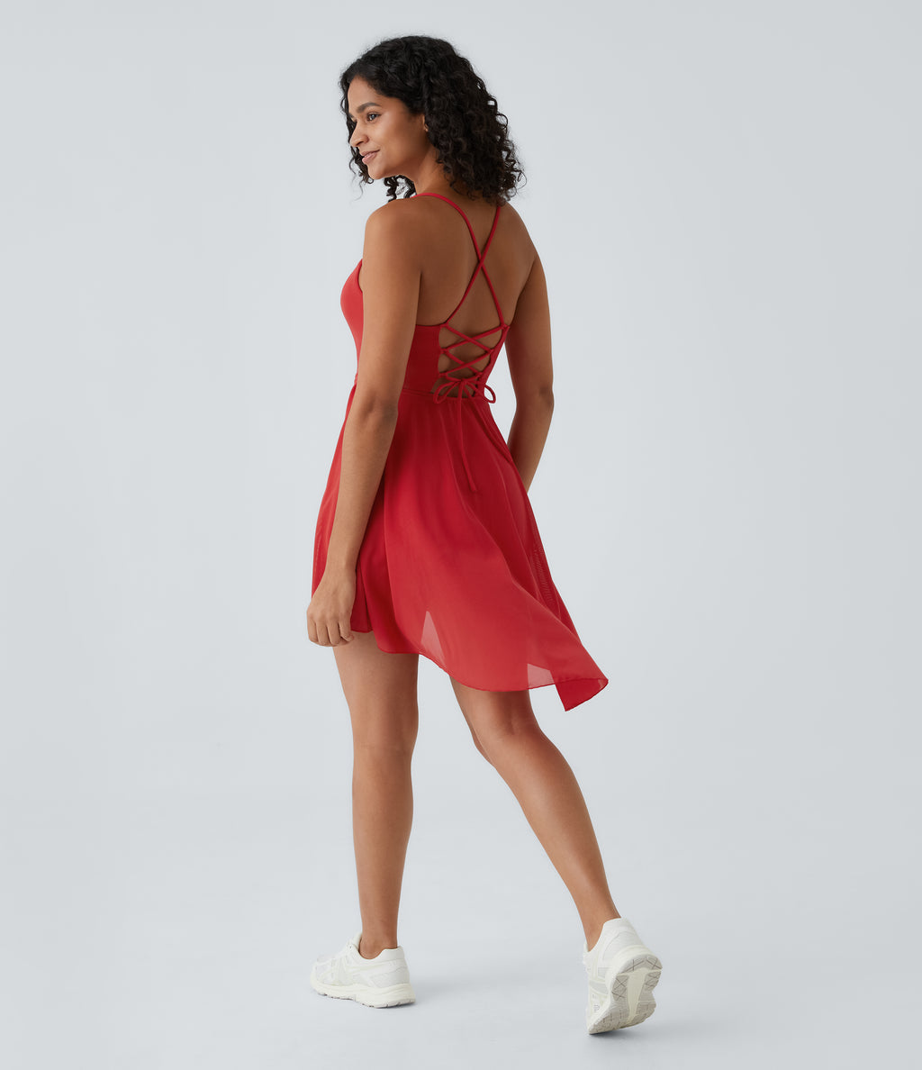 Lace Up 2-in-1 Pocket High Low Contrast Mesh Flowy Mini Dance Active Dress A-D Cups — Samba — view 7