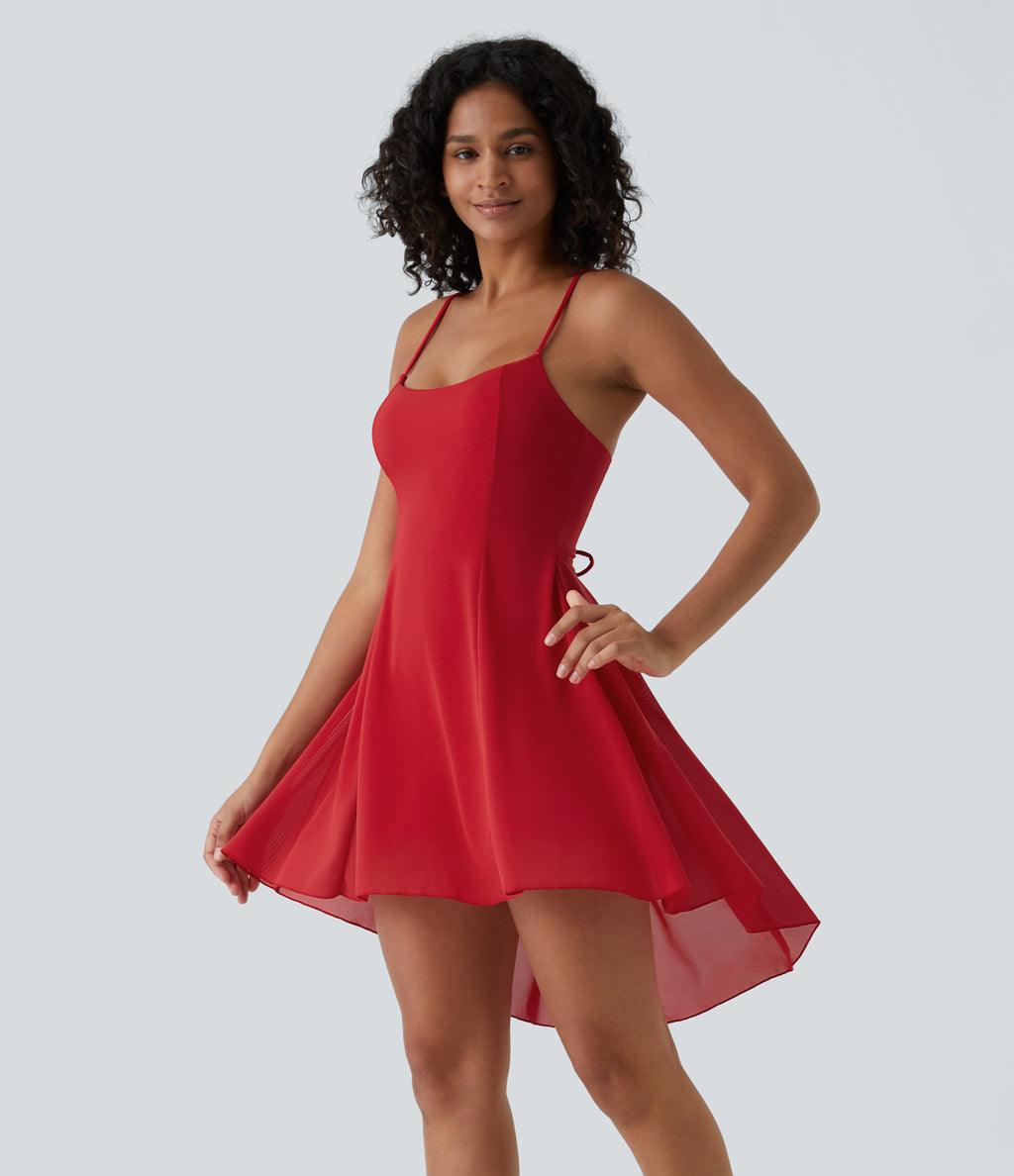 Lace Up 2-in-1 Pocket High Low Contrast Mesh Flowy Mini Dance Active Dress A-D Cups — Samba — view 2
