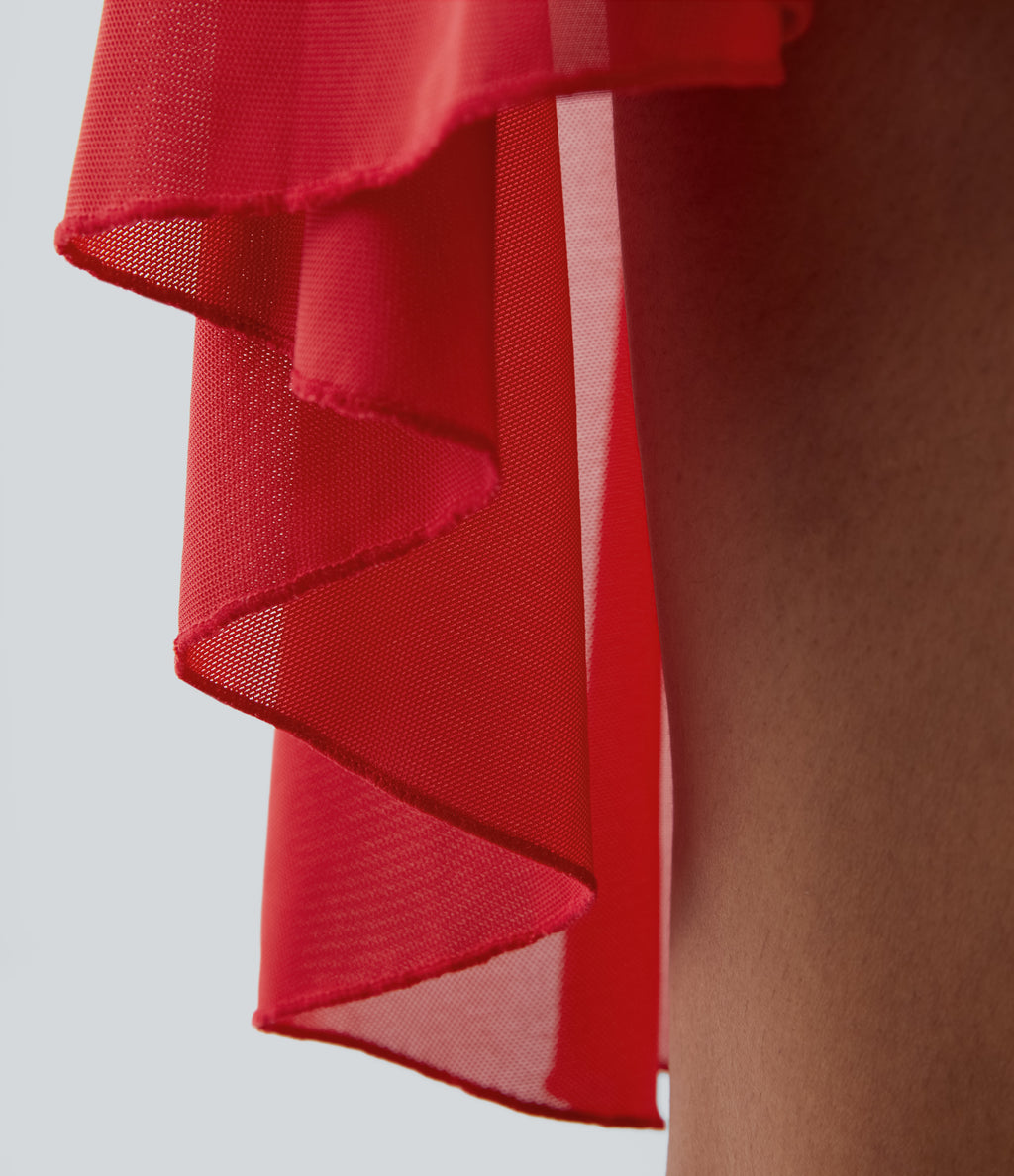 Lace Up 2-in-1 Pocket High Low Contrast Mesh Flowy Mini Dance Active Dress A-D Cups — Samba — view 6