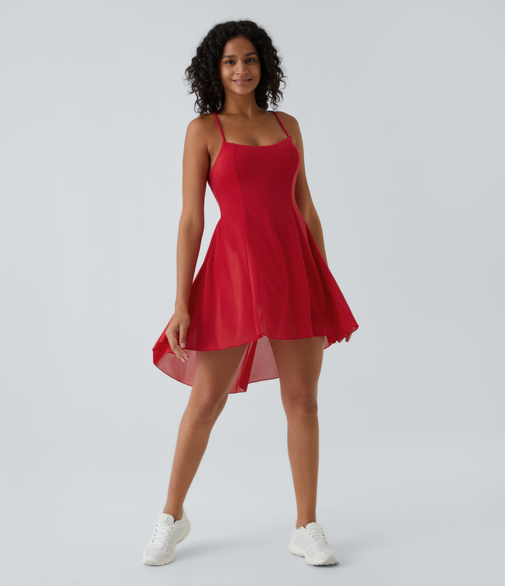Lace Up 2-in-1 Pocket High Low Contrast Mesh Flowy Mini Dance Active Dress A-D Cups — Samba — view 8