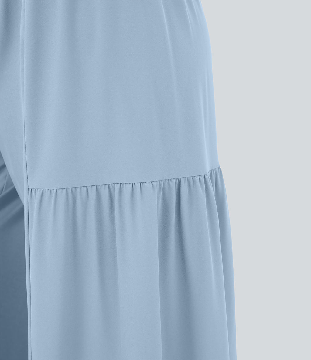 High Waisted Shirred Tie Front & Back Wide Leg Flowy Quick Dry Casual Trousers — Thin Ice Blue — view 7