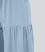 High Waisted Shirred Tie Front & Back Wide Leg Flowy Quick Dry Casual Trousers — Thin Ice Blue — view 7