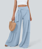 High Waisted Shirred Tie Front & Back Wide Leg Flowy Quick Dry Casual Trousers — Thin Ice Blue — view 1