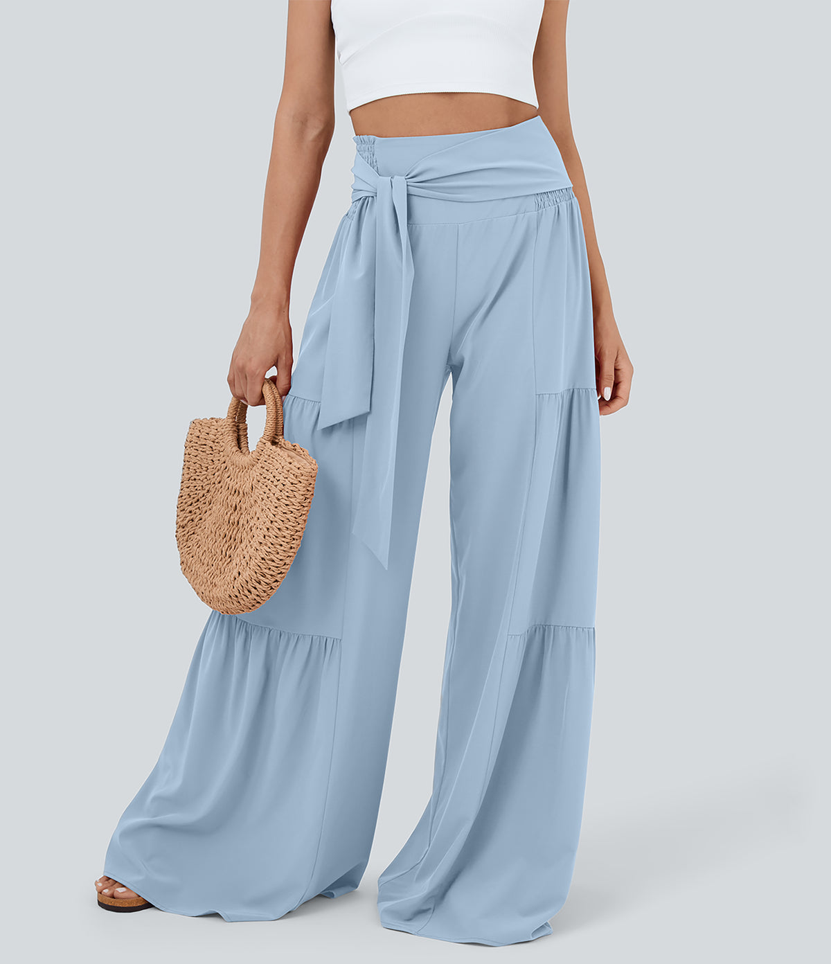 High Waisted Shirred Tie Front & Back Wide Leg Flowy Quick Dry Casual Trousers — Thin Ice Blue — view 1