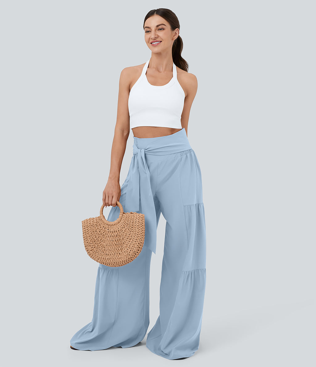 High Waisted Shirred Tie Front & Back Wide Leg Flowy Quick Dry Casual Trousers — Thin Ice Blue — view 8