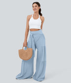 High Waisted Shirred Tie Front & Back Wide Leg Flowy Quick Dry Casual Trousers — Thin Ice Blue — view 8