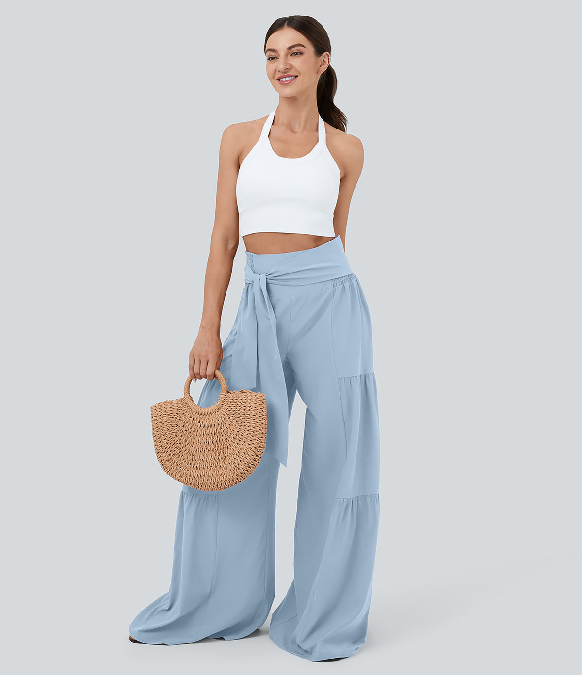 High Waisted Shirred Tie Front & Back Wide Leg Flowy Quick Dry Casual Trousers — Thin Ice Blue — view 8