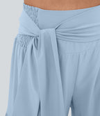 High Waisted Shirred Tie Front & Back Wide Leg Flowy Quick Dry Casual Trousers — Thin Ice Blue — view 6