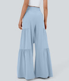 High Waisted Shirred Tie Front & Back Wide Leg Flowy Quick Dry Casual Trousers — Thin Ice Blue — view 2