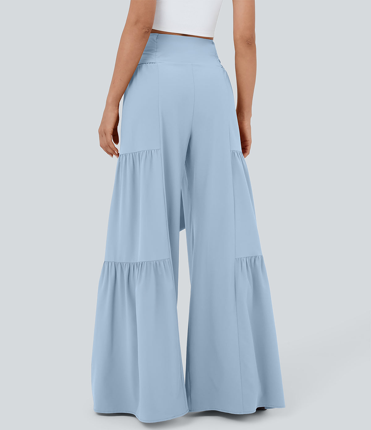 High Waisted Shirred Tie Front & Back Wide Leg Flowy Quick Dry Casual Trousers — Thin Ice Blue — view 2