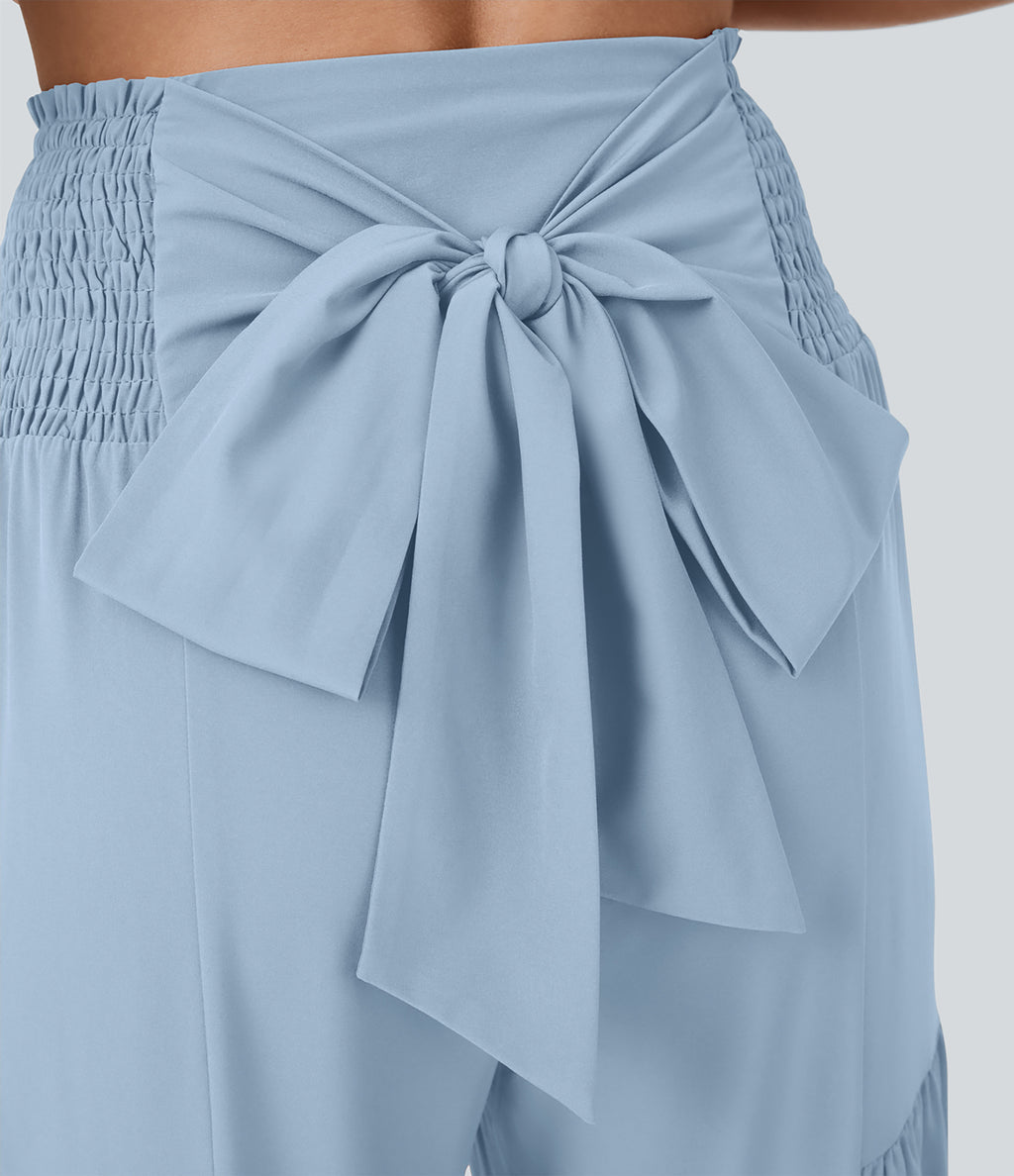 High Waisted Shirred Tie Front & Back Wide Leg Flowy Quick Dry Casual Trousers — Thin Ice Blue — view 5