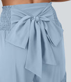 High Waisted Shirred Tie Front & Back Wide Leg Flowy Quick Dry Casual Trousers — Thin Ice Blue — view 5