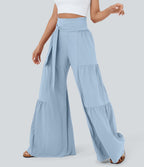 High Waisted Shirred Tie Front & Back Wide Leg Flowy Quick Dry Casual Trousers — Thin Ice Blue — view 3