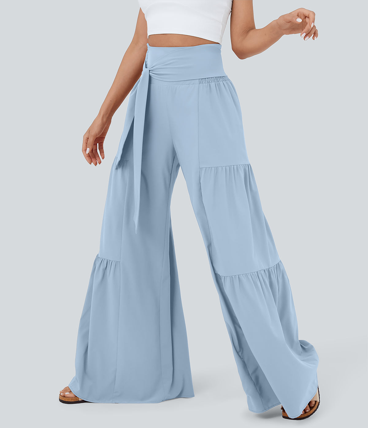 High Waisted Shirred Tie Front & Back Wide Leg Flowy Quick Dry Casual Trousers — Thin Ice Blue — view 3