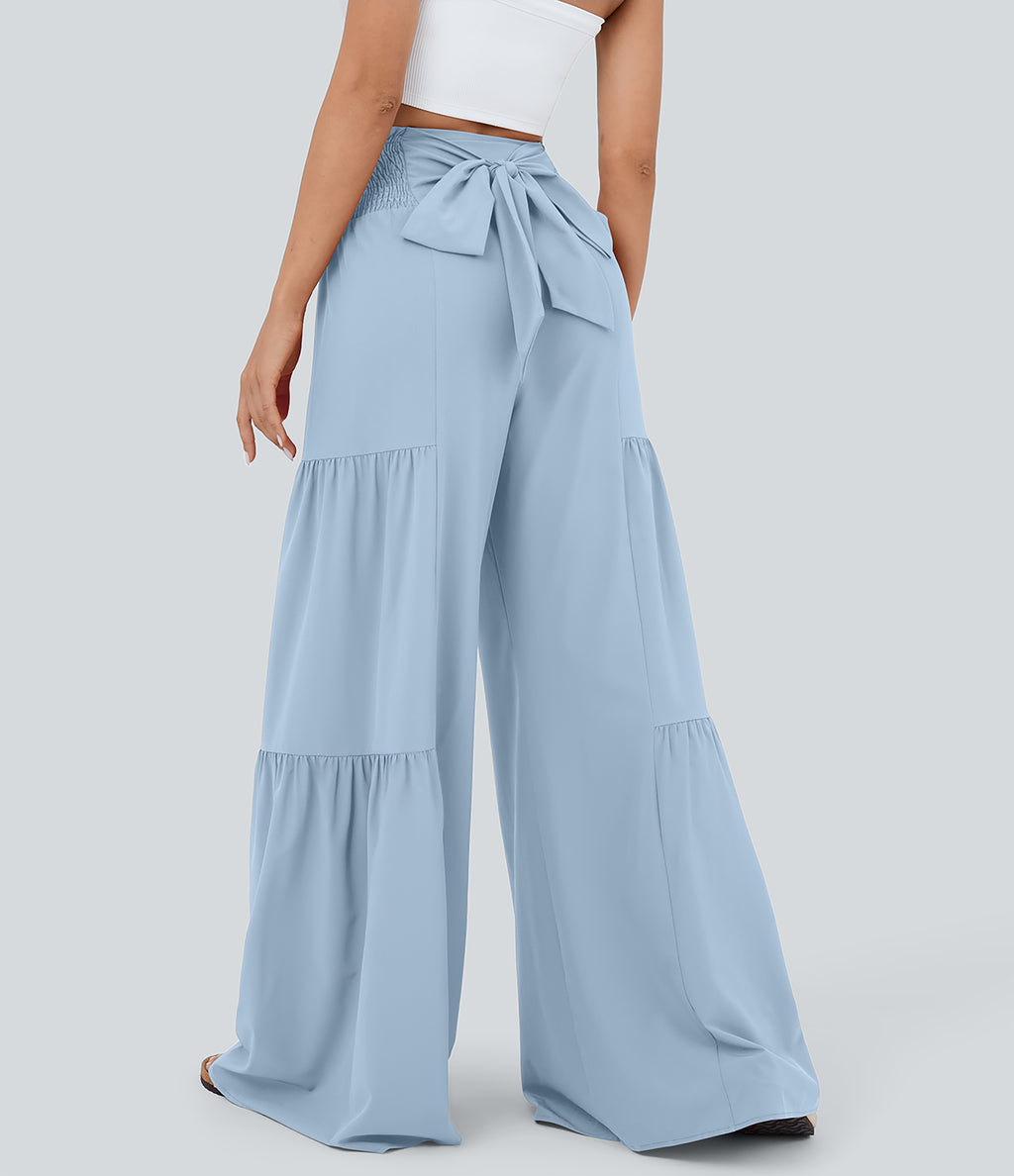 High Waisted Shirred Tie Front & Back Wide Leg Flowy Quick Dry Casual Trousers — Thin Ice Blue — view 4