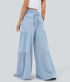 High Waisted Shirred Tie Front & Back Wide Leg Flowy Quick Dry Casual Trousers — Thin Ice Blue — view 4