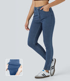 High Waisted Zipper Pockets Casual Jeans — Washed Denim Bleached Blue — view 1