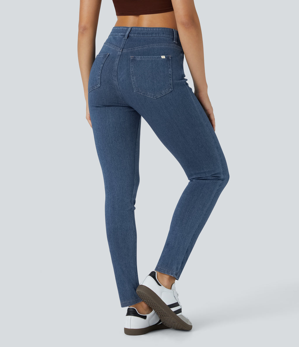 High Waisted Zipper Pockets Casual Jeans — Washed Denim Bleached Blue — view 2