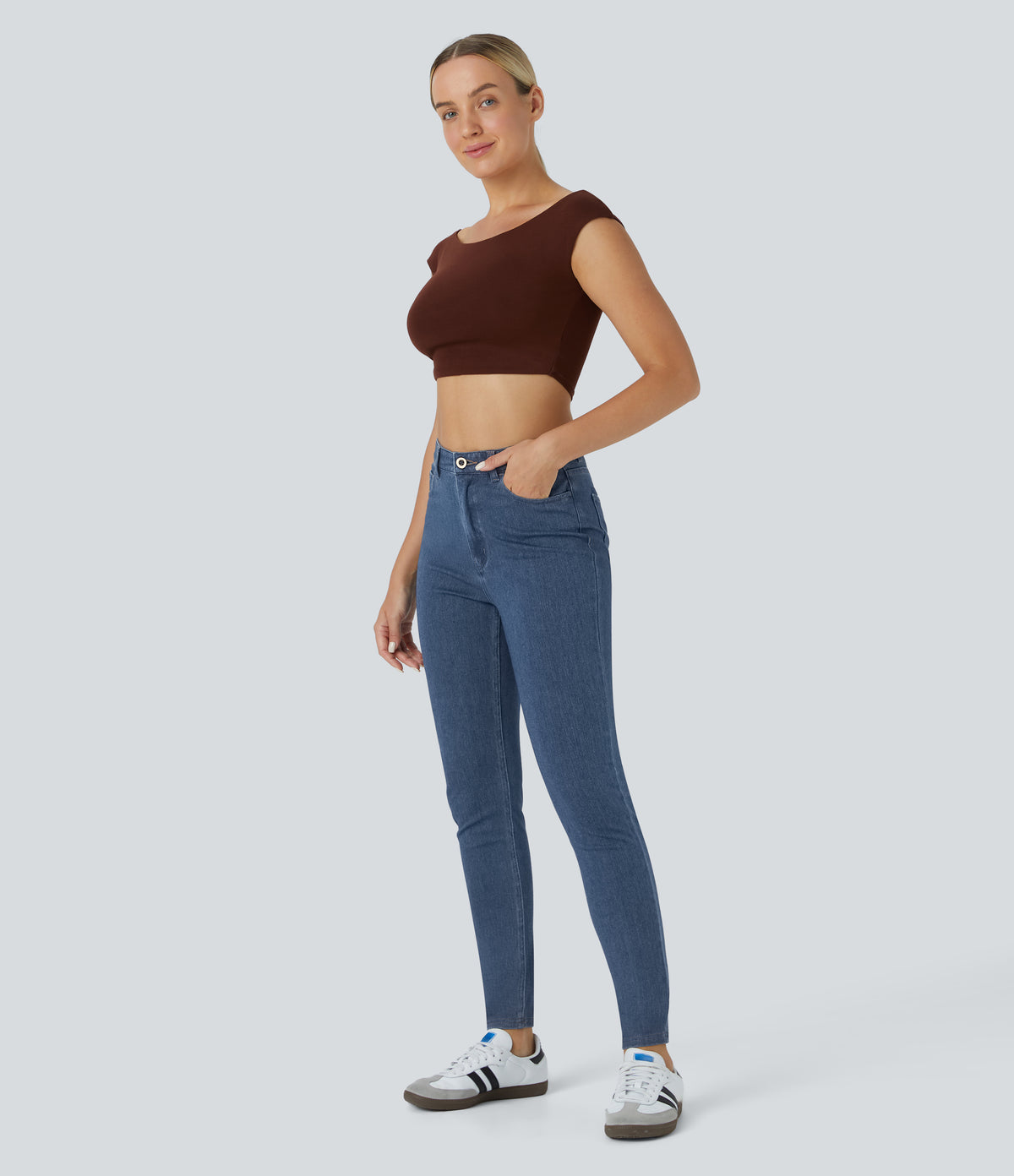 High Waisted Zipper Pockets Casual Jeans — Washed Denim Bleached Blue — view 6