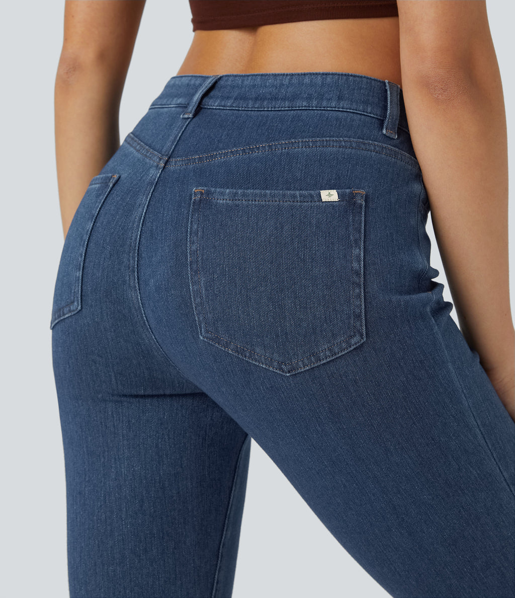 High Waisted Zipper Pockets Casual Jeans — Washed Denim Bleached Blue — view 5