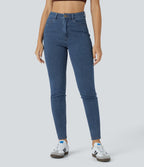 High Waisted Zipper Pockets Casual Jeans — Washed Denim Bleached Blue — view 3