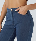 High Waisted Zipper Pockets Casual Jeans — Washed Denim Bleached Blue — view 4