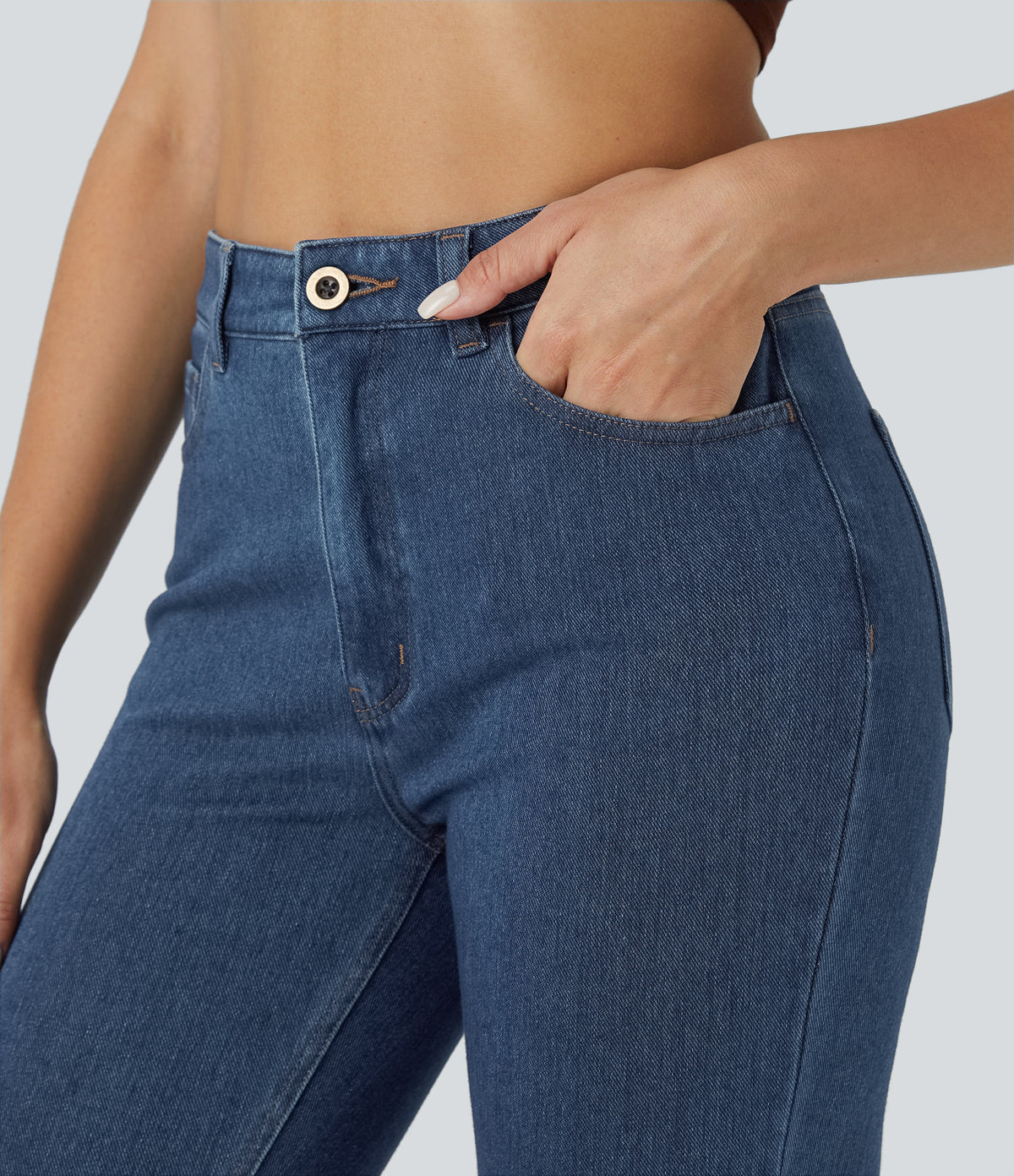 High Waisted Zipper Pockets Casual Jeans — Washed Denim Bleached Blue — view 4