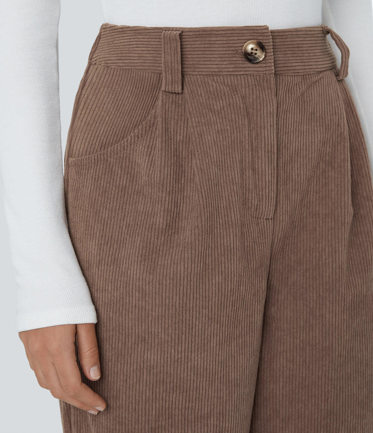 High Waisted Zipper Pocket Corduroy Casual Trousers — Acorn — view 4