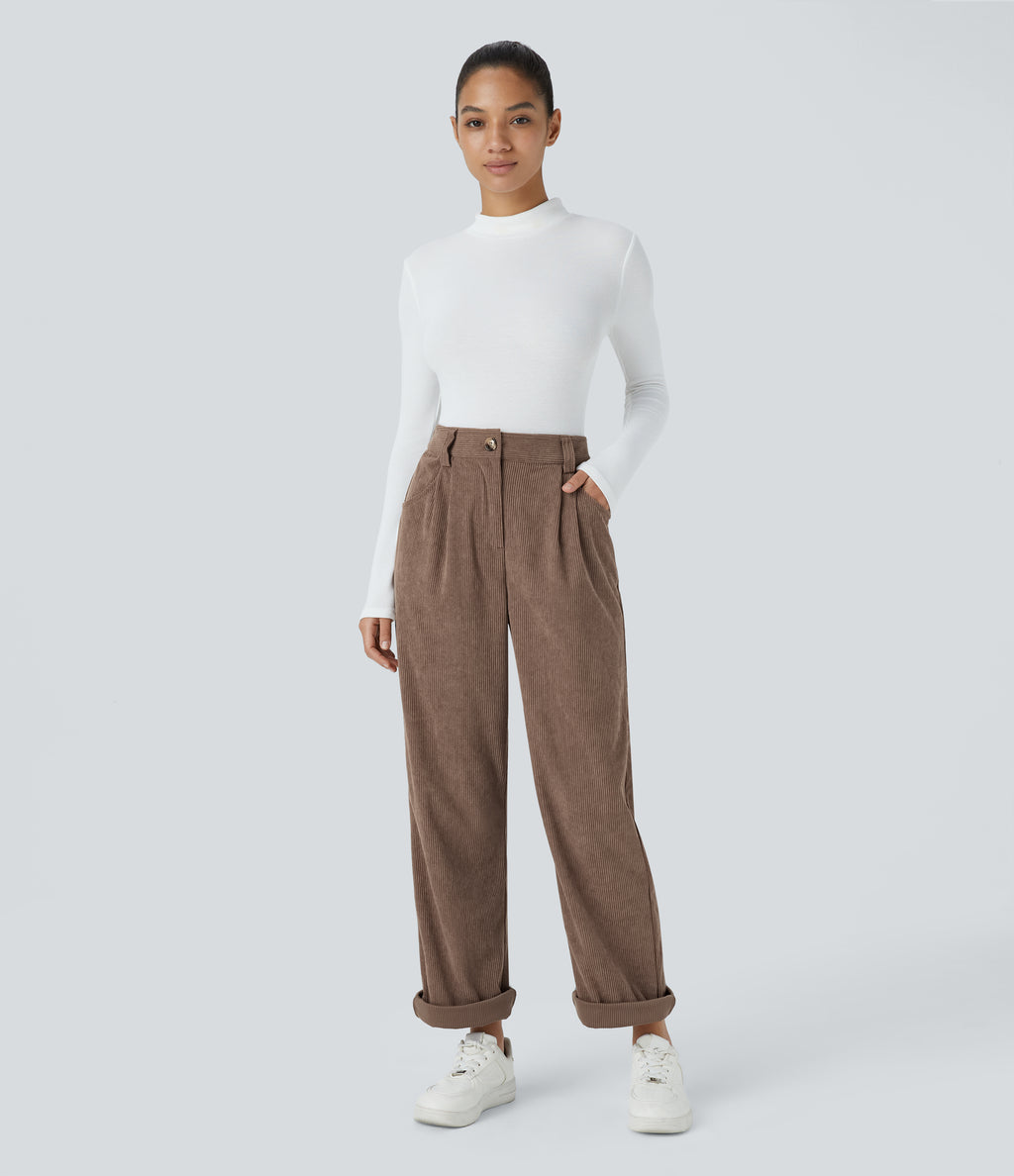High Waisted Zipper Pocket Corduroy Casual Trousers — Acorn — view 6