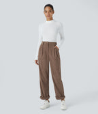 High Waisted Zipper Pocket Corduroy Casual Trousers — Acorn — view 6