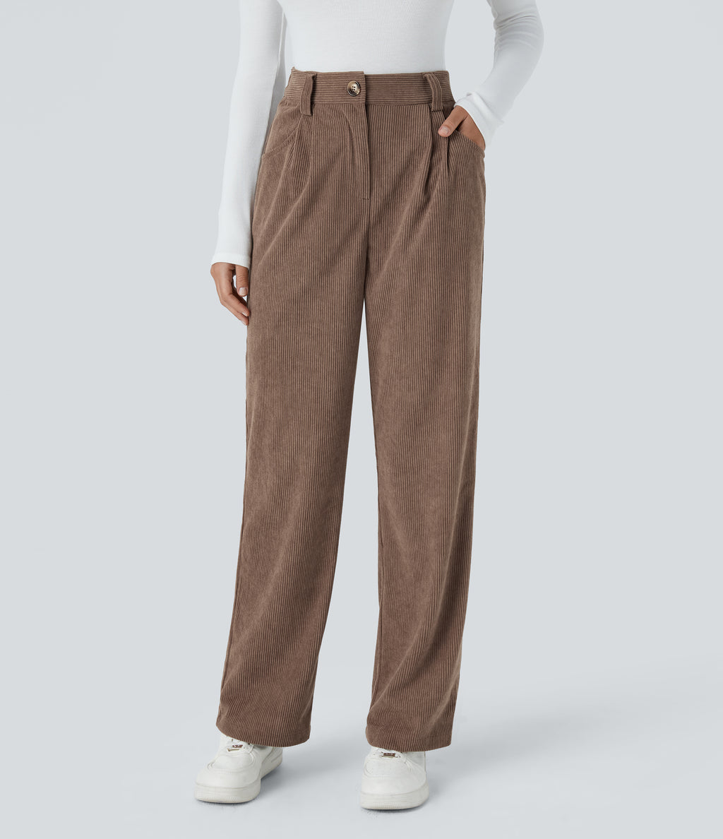 High Waisted Zipper Pocket Corduroy Casual Trousers — Acorn — view 1
