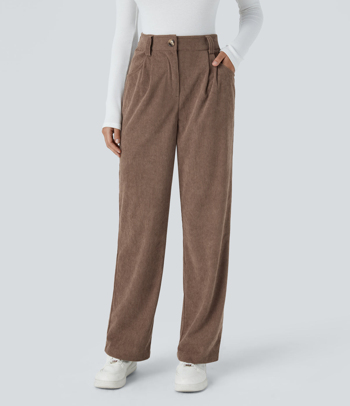 High Waisted Zipper Pocket Corduroy Casual Trousers — Acorn — view 1