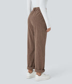 High Waisted Zipper Pocket Corduroy Casual Trousers — Acorn — view 2