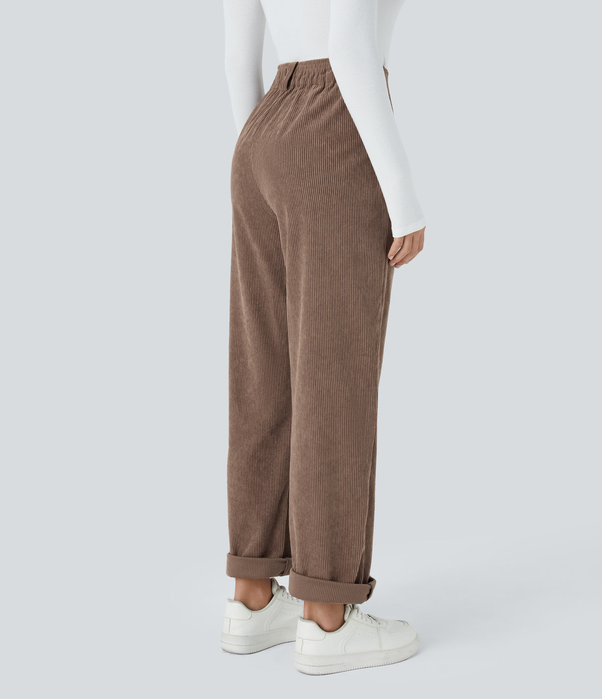 High Waisted Zipper Pocket Corduroy Casual Trousers — Acorn — view 2