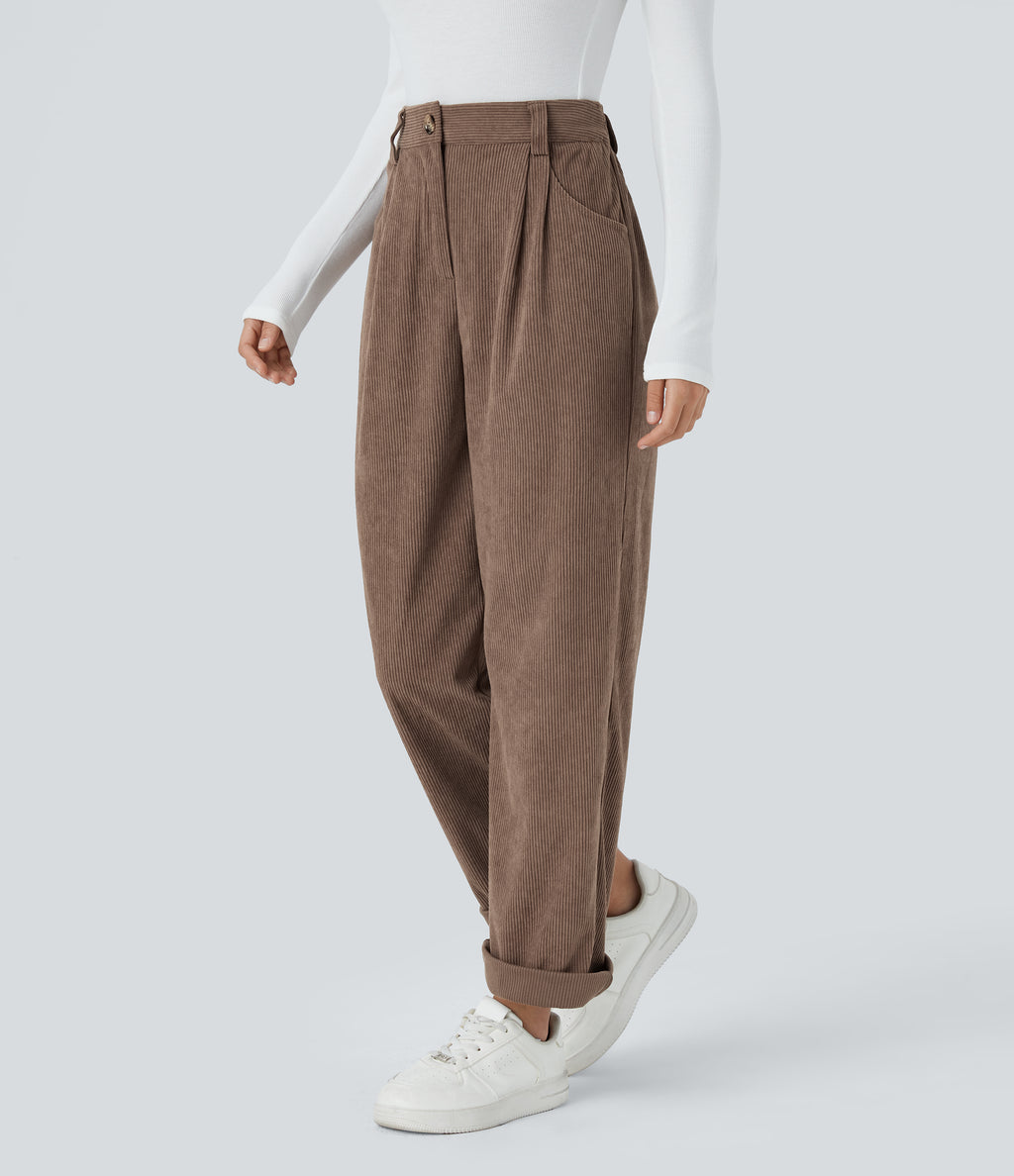 High Waisted Zipper Pocket Corduroy Casual Trousers — Acorn — view 3