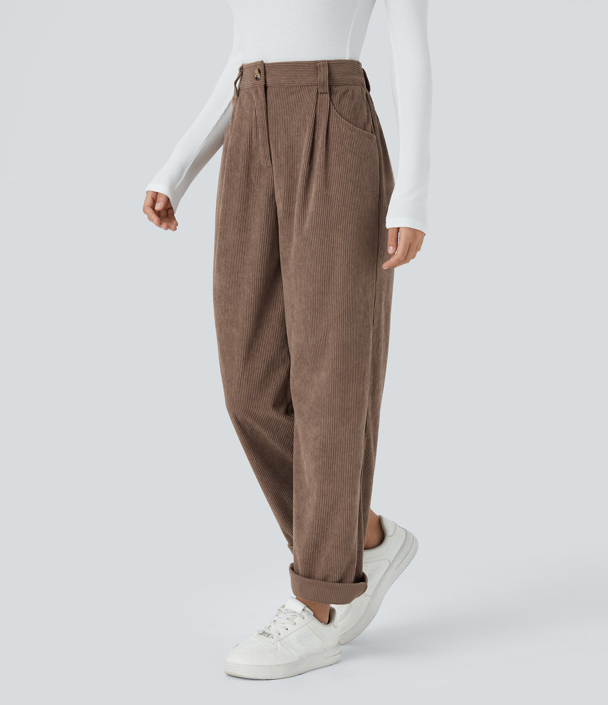 High Waisted Zipper Pocket Corduroy Casual Trousers — Acorn — view 3