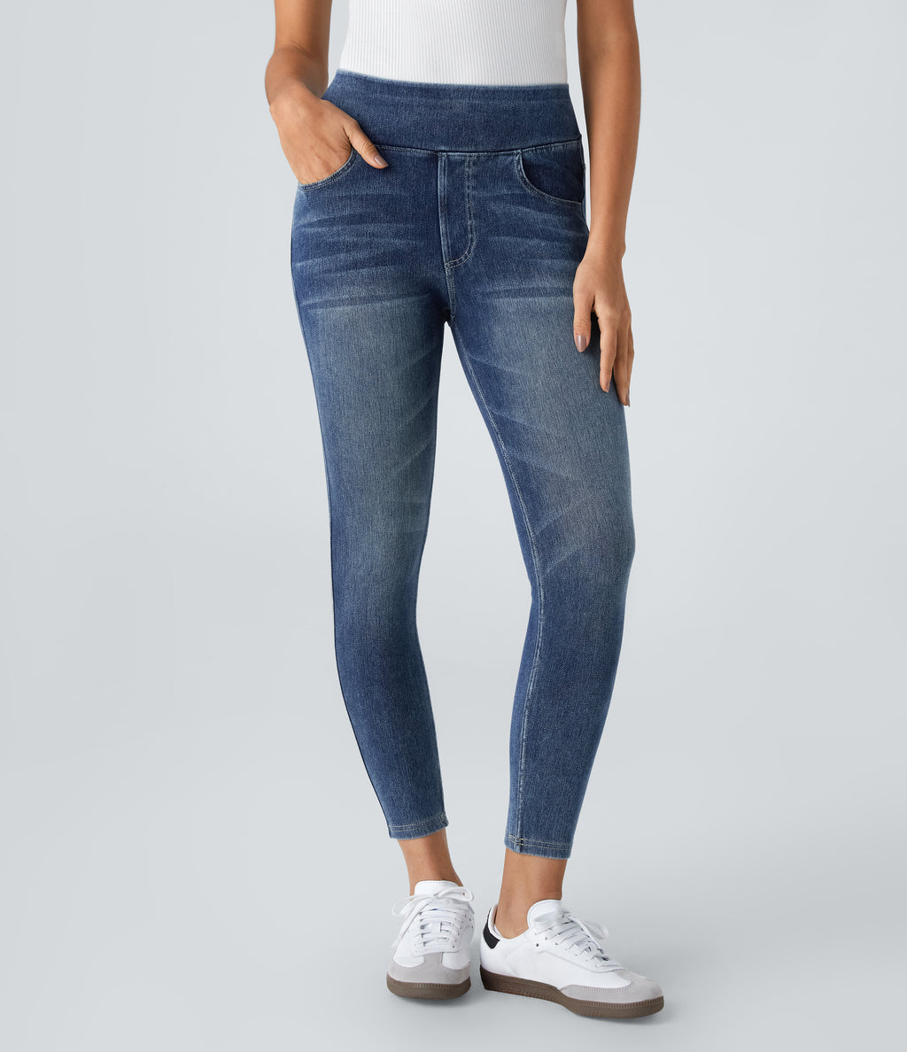 High Waisted Pockets Denim Casual Leggings — Royal Blue Denim — view 3