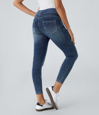 High Waisted Pockets Denim Casual Leggings — Royal Blue Denim — view 2
