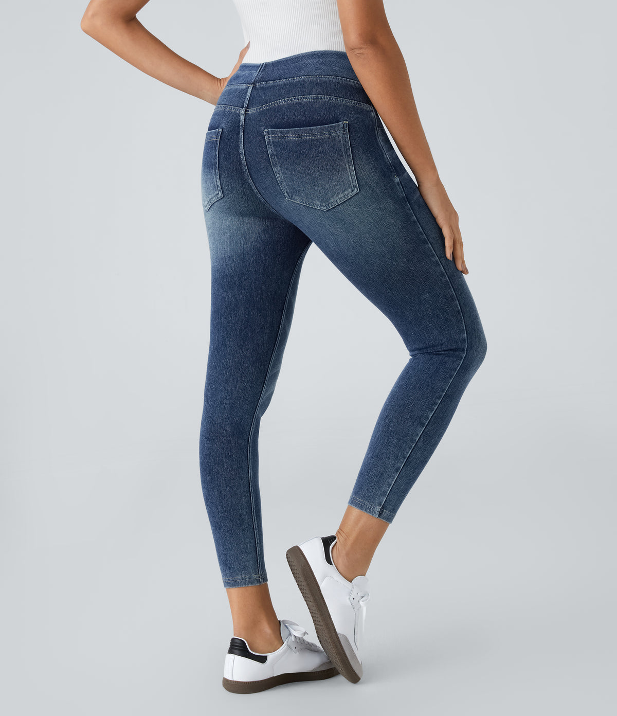 High Waisted Pockets Denim Casual Leggings — Royal Blue Denim — view 2