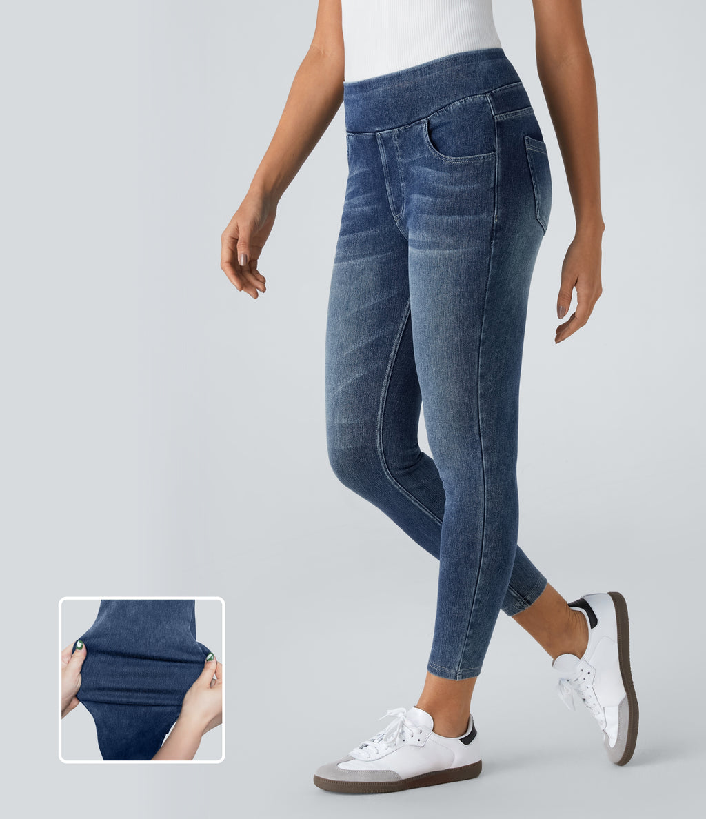 High Waisted Pockets Denim Casual Leggings — Royal Blue Denim — view 1