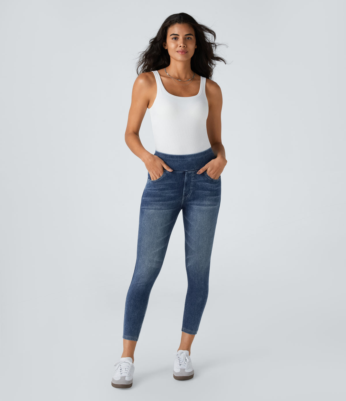 High Waisted Pockets Denim Casual Leggings — Royal Blue Denim — view 6