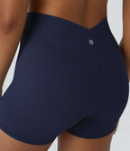 High Waisted Crossover Plain Yoga Biker Shorts 3'' — Peacoat — view 5